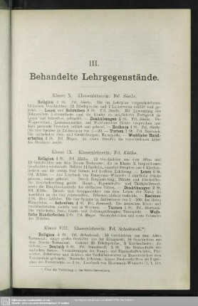 III. Behandelte Lehrgegenstände