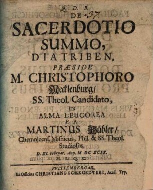 De Sacerdotio Summo, Diatriben