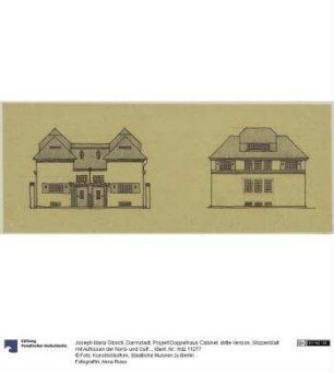 Darmstadt, Projekt Doppelhaus Cabinet, dritte Version, Skizzenblatt mit Aufrissen der Nord- und Ostfassade