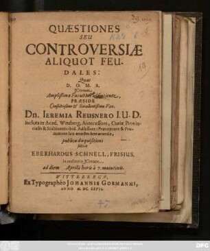 Quaestiones Seu Controversiae Aliquot Feudales