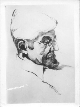Prof. Dr. med. vet. Hans Richter. Tusche- und Kohlezeichnung (1938; E. Richter). Dresden-Südvorstadt, Eisenstuckstraße, Atelier der Künstlerin