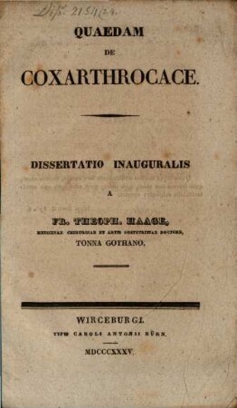 Quaedam de coxarthrocace : Diss. inaug.