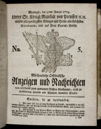 No. 5. Montags, den 31ten Januar 1774