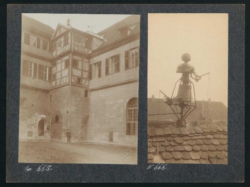 665-666, 665: Bibliothek-Eingang mit Treppenturm. 666: Glockenweiblein auf demselben.