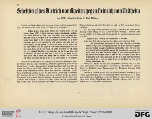 Scheltbrief des Dietrich von Rheden gegen Heinrich von Veltheim