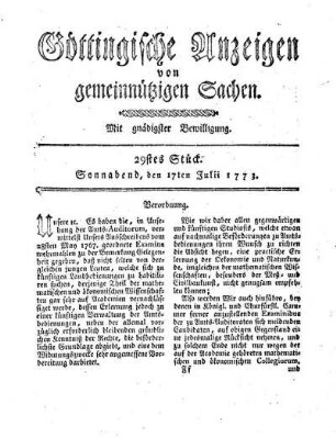 29stes Stück. Sonnabend, den 17ten Julii 1773.