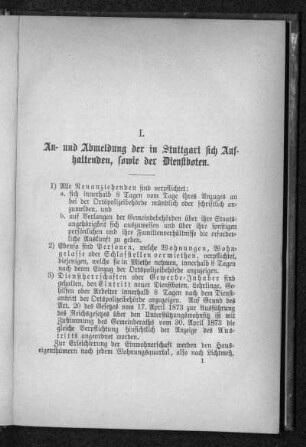 Bestimmungen über die An- und Abmeldung der in Stuttgart sich Aufhaltenden, sowie der Dienstboten