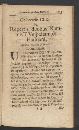 Observatio CLX. de Repertis duobus Nummis T. Vespasiani, & Hadriani, quibus accedit Nummus Domitiani