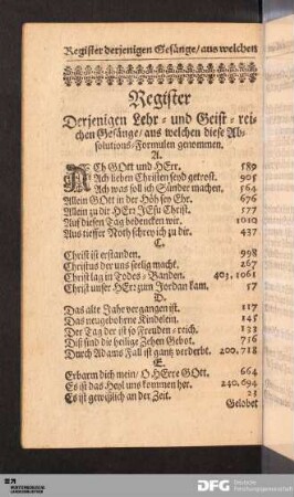 Register Derjenigen Lehr- und Geist-reichen Gesänge / aus welchen diese Absolutions-Formulen genommen.