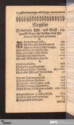 Register Derjenigen Lehr- und Geist-reichen Gesänge / aus welchen diese Absolutions-Formulen genommen.