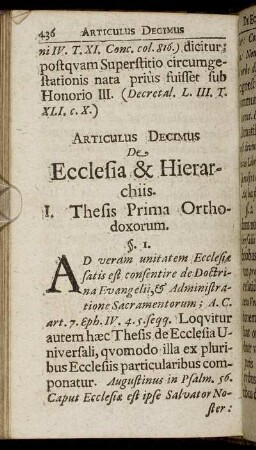 Articulus Decimus De Ecclesia & Hierarchiis
