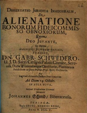 Dissertatio Juridica Inauguralis De Alienatione Bonorum Fideicommisso Obnoxiorum