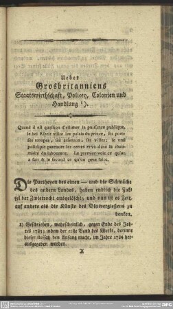 Ueber Grosbritanniens Staatswirthschaft, Policey, Colonien und Handlung