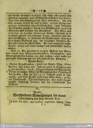 IV. Probe, Verschiedener Abweichungen der neuen Uebersetzung von dem Grund-Text