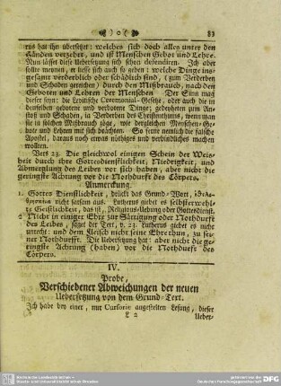 IV. Probe, Verschiedener Abweichungen der neuen Uebersetzung von dem Grund-Text