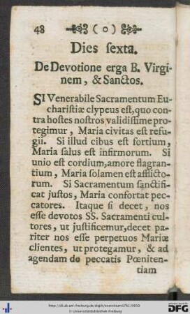 Dies sexta. De Devotione erga B. Virginem, & Sanctos.