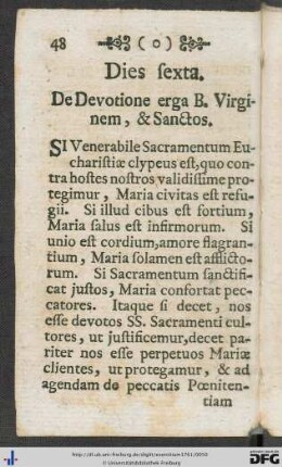 Dies sexta. De Devotione erga B. Virginem, & Sanctos.