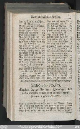 Melodeyen-Register, Darinn die verschiedenen Melodeyen der Lieder mit einander verglichen, und unter gewisse Nummern gebracht worden.
