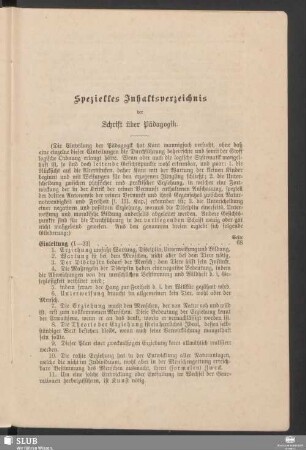 Spezielles Inhaltsverzeichnis der Schrift über Pädagogik