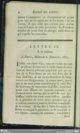 Lettre CX. A la même. A Paris, Mécredi 6. Janvier, 1672