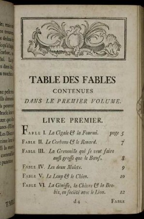 Table des Fables contenues dans le premier volume.