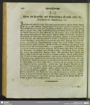 L2.) Union der Fränkisch und Schwäbischen Craysen wider die Ritterschafftliche Anmassungen. 1691