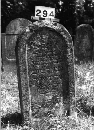 Grabstein 294 (Index: 100085268) Maße HxBxT: 88x46x15 cm Beschreibung: Stele, Rundbogenabschluß, Schriftfelder eingetieft: Grabstein 294