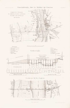 Weichselbrücke, Graudenz: Lagepläne, Geländeschnitt (aus: Atlas zur Zeitschrift für Bauwesen, hrsg. v. G. Erbkam, Jg. 32, 1882)