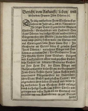 Bericht/ von Ankunfft/ Leben/ und Absterben/ Frawen Ilsen Dörrien sel.