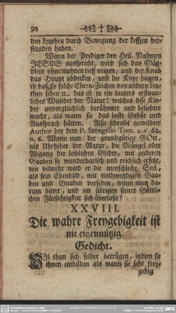 XXVIII. Die wahre Freygebigkeit ist nit eigennützig. Gedicht