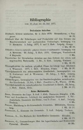 Bibliographie vom 16. Juni bis 15. Juli 1877.