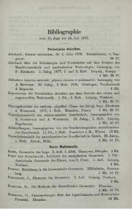 Bibliographie vom 16. Juni bis 15. Juli 1877.