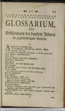 Glossarium, Oder Erklärungen der dunklen Wörter in gegenwärtigen Proben