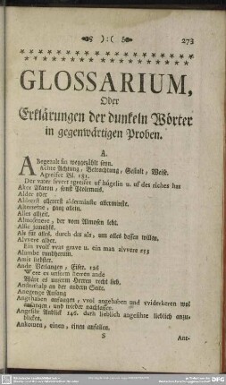 Glossarium, Oder Erklärungen der dunklen Wörter in gegenwärtigen Proben