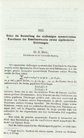 XIII. Ueber die Darstellung der einförmigen symmetrischen Functionen der Simultanwurzeln zweier algebraischer Gleichungen.
