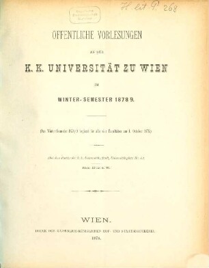 Vorlesungsverzeichnis. 1878/79, 1878/79. WS