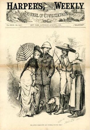 The annual stare (town and country) - "Did you ever?" : ein elegant gekleidetes Paar aus der Stadt steht einem einfachen Ehepaar vom Land gegenüber
