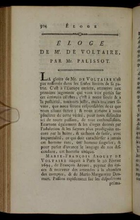 Éloge De Mr. De Voltaire, Par Mr. Palissot.