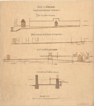 Dolmetsch, Heinrich; Wendlingen; Ev. Pfarrkirche, Restaurierung - Nord - u. Ostseite (Profil); Sakristei u. Chorwände (Ansicht m. Profil); Südwest (Profil); Nordwest (Querschnitt)