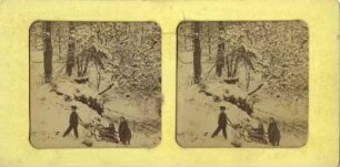 Junge und zwei Mädchen mit Schlitten in Winterlandschaft