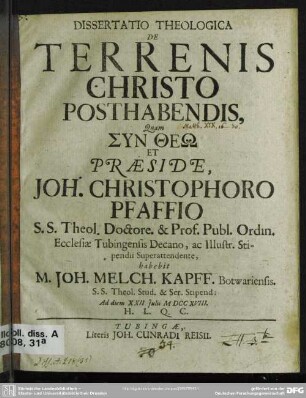 Dissertatio Theologica De Terrenis Christo Posthabendis