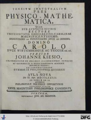 Thesivm Inavgvralivm Pars Physico-Mathematica