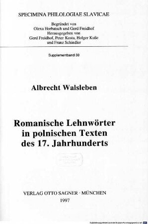 Romanische Lehnwörter in polnischen Texten des 17. Jahrhunderts