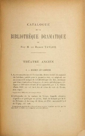 Catalogue de la bibliothèque dramatique de Feu le Baron Taylor : dont la vente aura lieu du lundi 27 novembre au mercredi 13 décembre 1893
