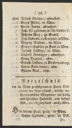 Verzeichniß. der in Wien praktizirenden Herrn Doktoren der Artzneykunst, ...