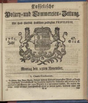 47. Stueck, Montag den 23ten November 1761