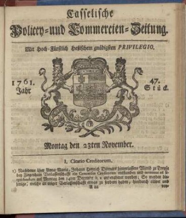 47. Stueck, Montag den 23ten November 1761