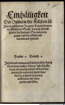 Einhälligkeit der Diener der Kilchen zu Zürich ...