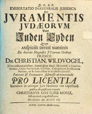 Dissertatio inauguralis iuridica De iuramentis Iudaeorum, vom Juden Eyden