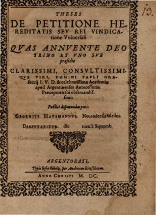 Theses de petitione hereditatis, seu rei vindicatione universali